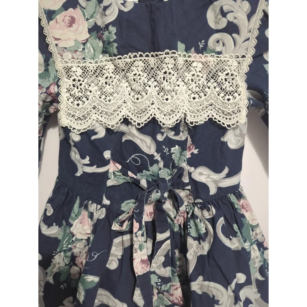 VTG 80's McClintock girls Dress Lace floral Peasant Prairie Cottagecore 8 blue
